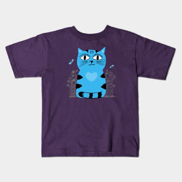 Bright Eyed Blue Kitty With Big Heart In The Garden Kids T-Shirt by LittleBunnySunshine